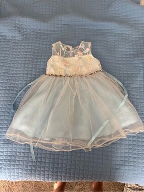 Rare Editions Pastel Blue and Pink Tulle Floral Dress